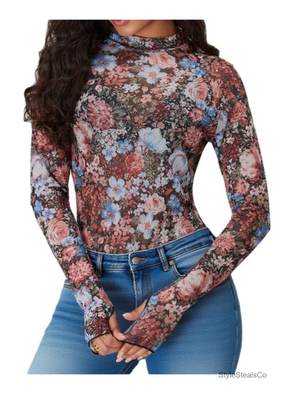 Sheer Floral Mesh Long Sleeve Mock Neck Blouse